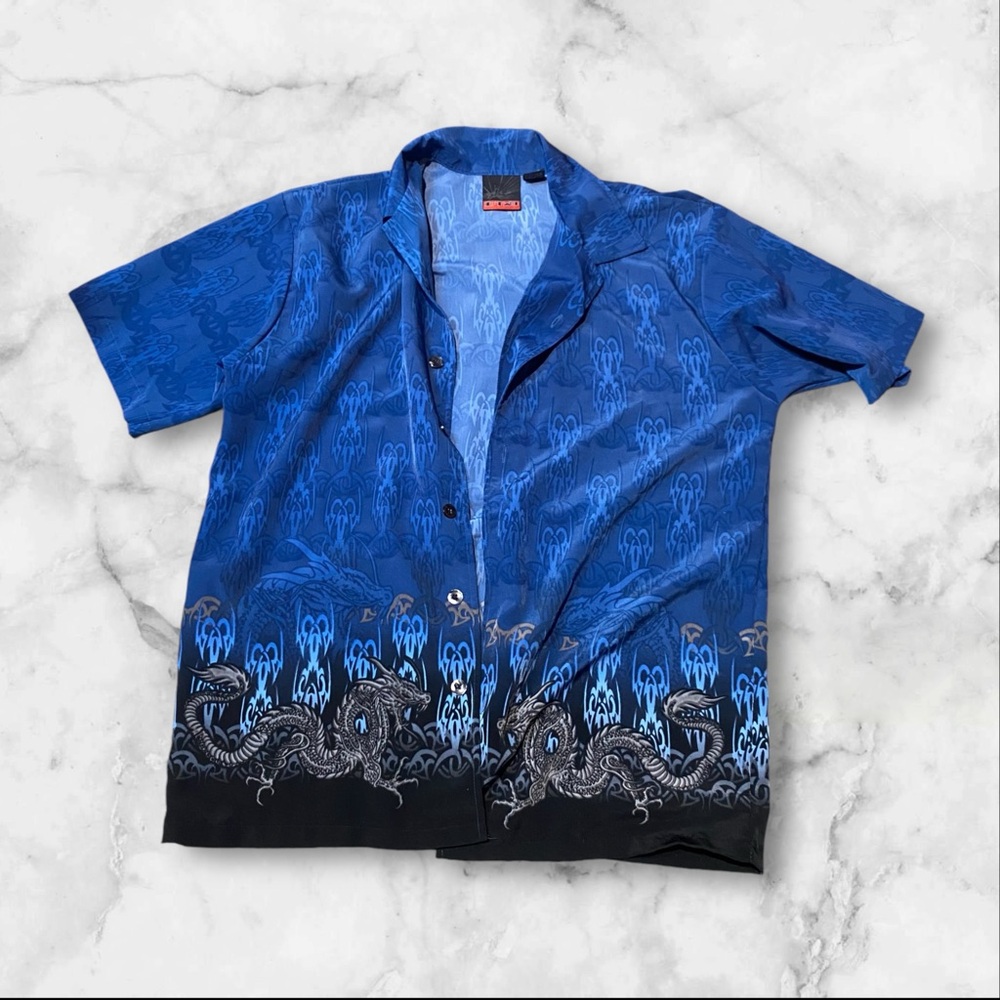 C-two medium dragon & flames blue button up